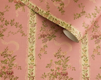 May include: Pink floral wallpaper with a repeating pattern of flowers and foliage in shades of green, pink, and cream. The wallpaper features vertical stripes with a cream-colored border and a rolled-up section.