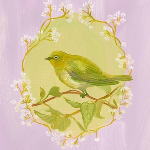 May include: A painting of a small green bird perched on a branch with green leaves. The bird is surrounded by a wreath of white flowers and green vines, set against a pale yellow background within a lavender oval. The artist's name, Cypress Atelier, is in the bottom right corner.