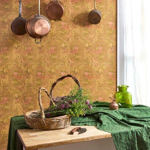 ROTOLO - Corona di Demetra - Carta da parati in pergamena invecchiata - Carta da parati vintage con motivo floreale broccato jacquard, marrone chiaro, oro e giallo - Realizzata su ordinazione