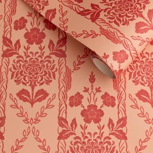 SWATCH- Dahlia Diamond - Red Barn - Rustic Country Provincial Farmhouse Folk Art Tapestry Inspired Red Neutral Wallpaper