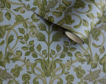 SWATCH- Pollinator's Botanique - Atlas - Blue Green Earth Nature Botanical Unisex Maximalist Scroll Embroidery Printed Wallpaper