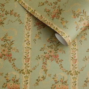 SWATCH- Chantilly Sonnet - Sonnenbeschienener Salbei - Hellgrünes Minzenmeer Vintage Bridgerton Floral Brokat Jacquard gemusterte Wandteppich Tapete