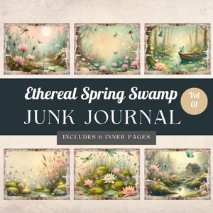 Pages de journal indésirable des marais de printemps - art fantastique - journal imprimable éphémères - floral vintage - étang des marais