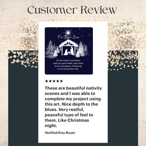 May include: A customer review of a digital art print featuring a nativity scene with the text "Our King is Born" and a poem about the holiday season. The review states that the art is beautiful and was helpful in completing a project. The reviewer also mentions that the art has a nice depth to the blues and is very restful.