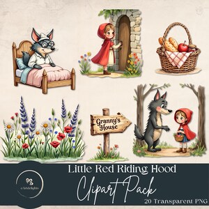 Pacchetto Clipart di Cappuccetto Rosso / Set PNG di Fiabe / Arte Digitale di Libri di Fiabe / Uso Commerciale / Illustrazione Carina di Lupo e Ragazza