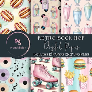 Puede incluir: Doce papeles digitales con temas retro de sock hop. Los papeles incluyen patrones de perritos calientes, batidos, patines, tocadiscos y notas musicales. Los papeles son de 12x12 pulgadas y están en formato JPG.