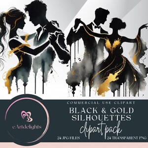 Elegant zwart en goud silhouet clipartpakket, aquarel romantisch paar danskunst, verfijnde bruiloft ontwerpelementen, jpg- en png-bestand