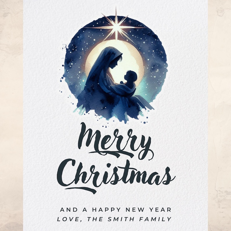 May include: A watercolor painting of a mother and child in a blue and white starry night sky. The text "Merry Christmas and a Happy New Year Love, The Smith Family" is written below the image.