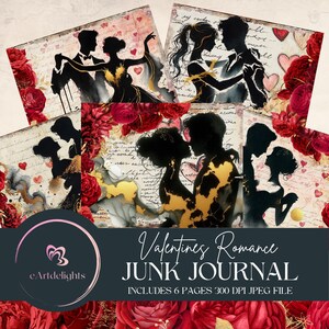 Kit per diario romantico, pagine di effimeri digitali vintage, arte di coppia con silhouette, carta per scrapbooking con rose rosse