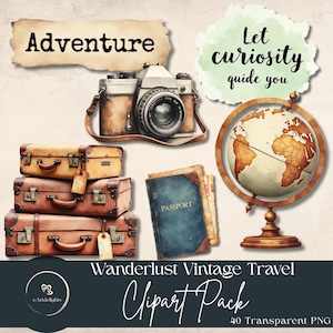 Wanderlust Vintage Reise Clipart Pack | Retro Adventure Illustrationen für Scrapbooking |  Einladungen | Basteln | Kreative Projekte