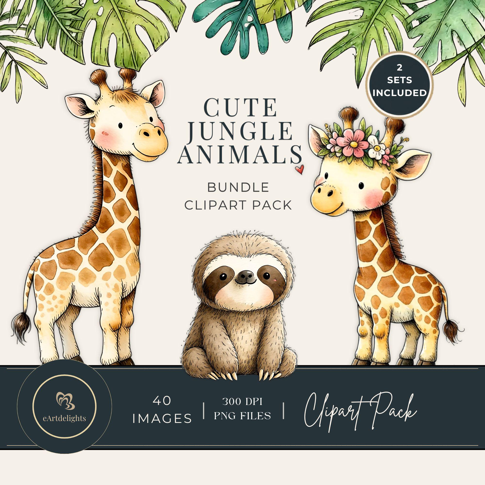 Jungle Baby Animals Clipart Bundle PNG | Cute Safari Animals and Floral ...
