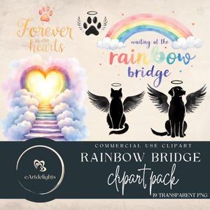 Conjunto de imágenes prediseñadas conmemorativas de mascotas del Puente Arcoíris / Superposiciones de escenas en acuarela / Siluetas de mascotas de ángeles
