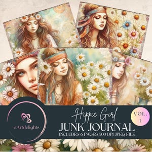 Diário de Junk Girl Hippie, Desenhos Boho Daisy, Páginas Estéticas Vintage, Kit Floral Scrapbook, Download Digital Boho Artístico