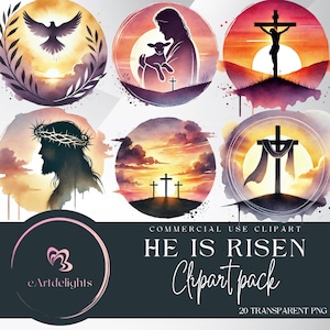 Ostergeschichte Clipart, Er ist auferstanden, Religiöses Christliches Aquarell PNG, Kreuz Auferstehung Clipart Paket.