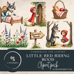 Pacchetto Clipart di Cappuccetto Rosso / Set PNG di Fiabe / Arte Digitale di Libri di Fiabe / Uso Commerciale / Illustrazione Carina di Lupo e Ragazza