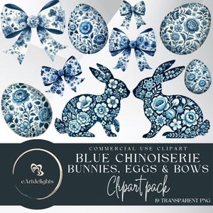 Blue Floral Chinoiserie Bunny, Grand Millennial Easter Clipart, Blue Toile Easter Rabbit, Easter Coquette, Easter egg, Blue Toile Bunny