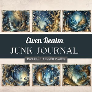 Elven realm Junk Journal Digital Paper, 7 páginas de diário digital, itens efêmeros para impressão, artesanato em papel, folha de colagem 11 x 8,5, azul e dourado