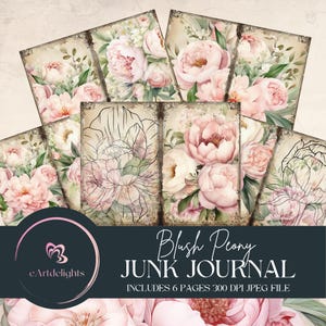 Blush Peony Junk Journal Kit, vintage bloemendagboekpagina's, afdrukbaar briefpapier, pioenroos plakboek ephemera, digitale collagekunst