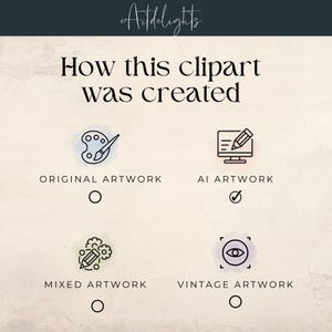 May include: A graphic showing four different ways clipart can be created. The options are original artwork, AI artwork, mixed artwork, and vintage artwork. A checkmark is next to AI artwork.