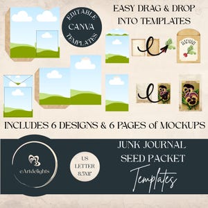 Modèle de paquet de graines Canva | Pochettes imprimables modifiables pour le journal indésirable, album de scrapbooking | Mini-album | Éphémères pour créations artisanales en papier vintage