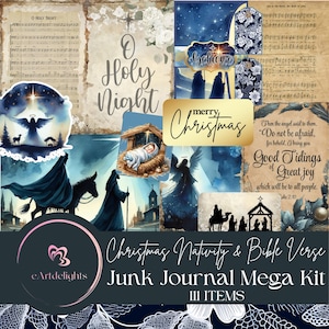 Christmas Nativity & Bible Verse Junk Journal Mega Kit, Digital Scrapbooking Papers, Holiday Ephemera, Vintage Christian Art,
