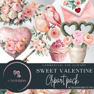 Pack de cliparts douce Saint-Valentin, éléments floraux romantiques, roses roses, ballons coeur, oiseaux d'amour, art de petit gâteau, téléchargement numérique pour travaux manuels