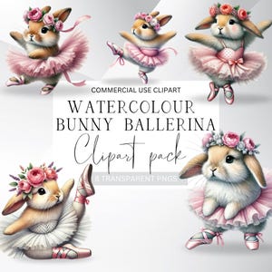 Watercolor Ballerina Bunny Clipart, Adorable baby bunnies for crafting, whimsical floral art for baby showers, ballet themed nursery decor