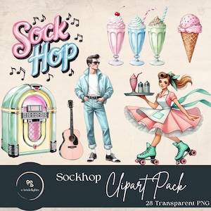 Pacote de Cliparts Sock Hop | Gráficos de Restaurante Retrô dos Anos 50 | Jukebox e Patins Vintage | Festa Rockabilly PNG | Download Instantâneo