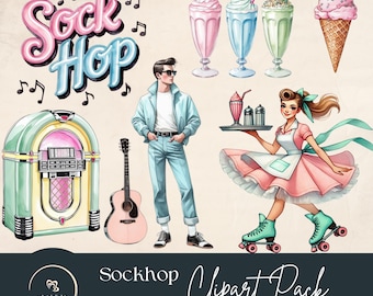 Retro 50s Diner Clipart: Jukebox, Skates, Milkshake PNG (Instant Download