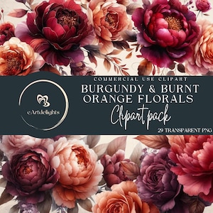 Paquete de imágenes prediseñadas florales en tonos burdeos y naranja quemado