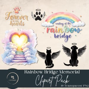 Puede incluir: Paquete de imágenes prediseñadas digitales con temática de recuerdo. Incluye un arcoíris, huellas de patas, alas de ángel y los textos "Forever in our hearts" y "waiting at the rainbow bridge". Presenta un gato y un perro negros con alas de ángel.