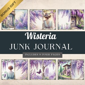 Dziennik Wisteria Junk, Strony dziennika Vintage Floral, Fioletowe ephemera do scrapbookingu do majsterkowania, Projekty DIY, Zaczarowany ogród, Spokój
