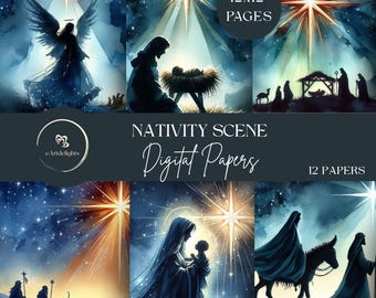 Watercolor Christmas Nativity Digital Paper: Christian Scrapbook (US Letter)