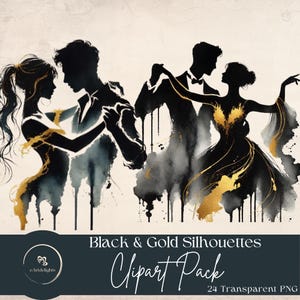 Elegante paquete de imágenes prediseñadas de siluetas en negro y dorado / Arte de acuarela de pareja romántica bailando / Elementos sofisticados para diseño de bodas