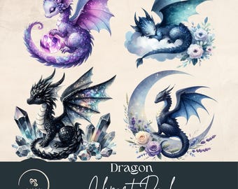 以下が含まれることがあります： 紫、青、黒の色合いの水彩画のドラゴンのイラストが4つ集まった画像。それぞれのドラゴンは詳細な翼を持ち、ニュートラルな背景に配置されています。画像には「Dragon Clipart Pack」と「12 Transparent PNG」というテキストが含まれています。