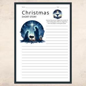 May include: A watercolor illustration of the nativity scene with Mary, Joseph, and baby Jesus in a manger. The scene is set against a starry night sky with a bright star shining above. The illustration is surrounded by a blue and white watercolor border.