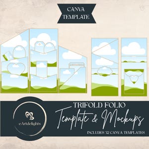 Könnte beinhalten: Eine digitale Vorlage für ein dreifaches Folio mit einem Design aus blauem Himmel, weißen Wolken und grünen Hügeln. Die Vorlage enthält 32 Canva-Vorlagen. Der Text "Trifold Folio Template & Mockups" wird in einem schwarzen Feld mit weißem Text angezeigt. Der Text "Includes 32 Canva Templates" wird in einem weißen Feld mit schwarzem Text angezeigt.