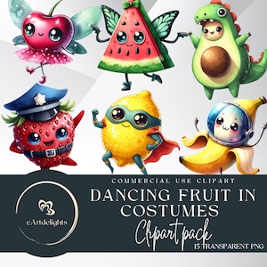 Clipart de frutas bailando, fruta kawaii disfrazada, frutas felices, clipart, primer cumpleaños de fruta bailando,