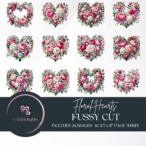 May include: A set of 24 digital images featuring floral heart designs. The images are perfect for crafting projects, scrapbooking, and more. Each image is 8.5 inches by 11 inches and 300 DPI.