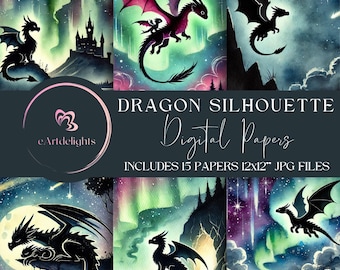 Könnte beinhalten: Ein digitales Papierpaket mit 15 Aquarell-Illustrationen von Drachen in Silhouette vor einem sternenklaren Nachthimmel. Das Paket enthält 12x12 Zoll JPG-Dateien. Der Text "Dragon Silhouette Digital Papers" und "Includes 15 Papers 12x12" JPG Files" ist auf dem Bild zu sehen.