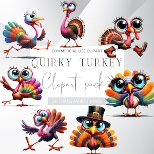 Könnte beinhalten: Eine Sammlung skurriler Truthahn-Illustrationen mit großen Augen und bunten Federn. Der Text "Quirky Turkey Clipart pack" wird zusammen mit "Commercial Use Clipart" und "20 Transparent PNGs" angezeigt. Die Truthähne sind in verschiedenen Posen und Stilen dargestellt.