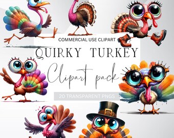 May include: A collection of whimsical turkey illustrations with large eyes and colorful feathers. The text "Quirky Turkey Clipart pack" is displayed, along with "Commercial Use Clipart" and "20 Transparent PNGs". The turkeys are in various poses and styles.