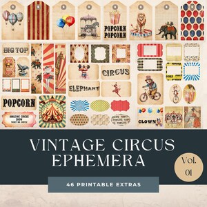 Cartes et étiquettes éphémères du journal Junk Journal de cirque, pack de 46 extras, éphémères imprimables, créations en papier, feuille de collage 11 x 8,5, étiquettes de journal