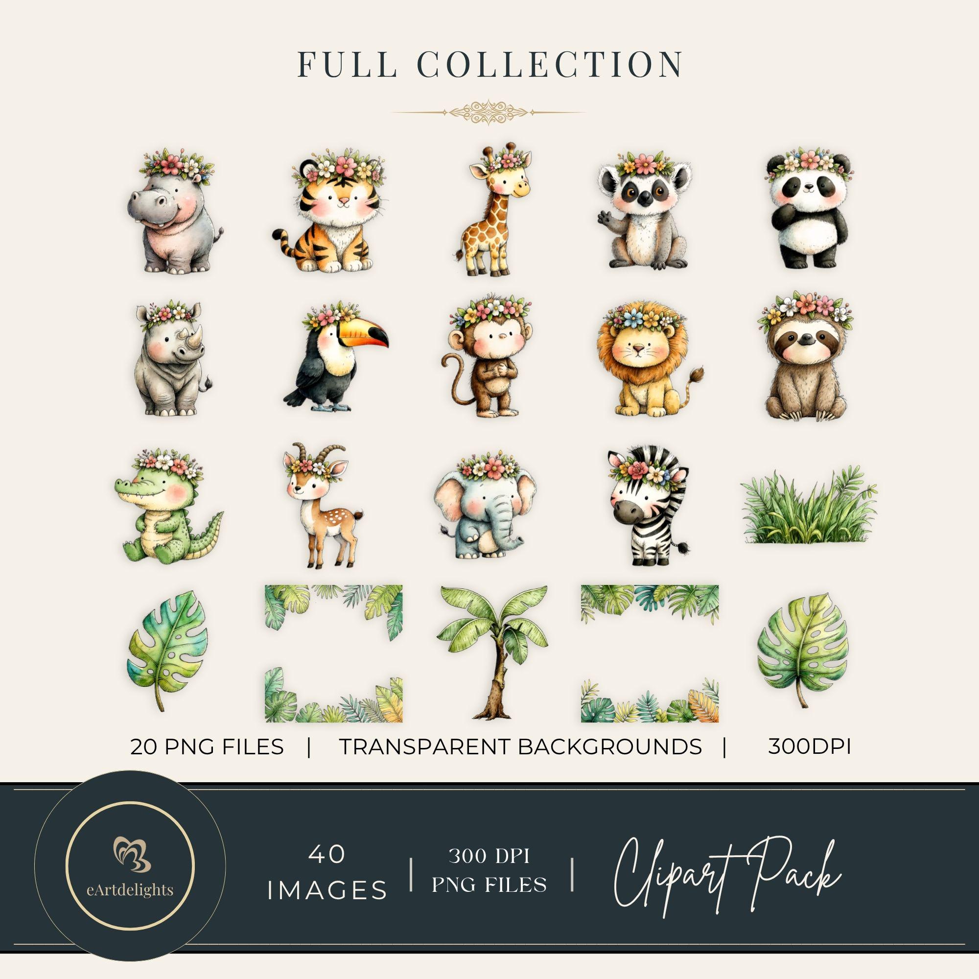 Jungle Baby Animals Clipart Bundle PNG | Cute Safari Animals and Floral ...