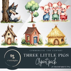 Paquete de imágenes prediseñadas de Los tres cerditos: ilustraciones de cuentos de hadas, descarga digital, arte de cuentos de animales adorables, gráficos de libros para niños