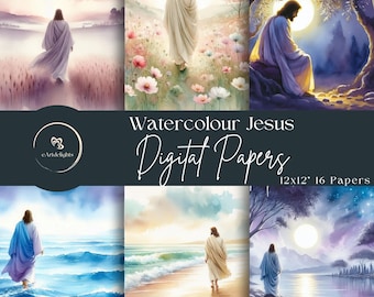 Jesus Watercolour Digital Papers: Faith, Prayer, Christian Scrapbooking & Journals (JPG, 300dpi)