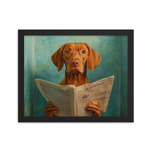 Funny Vizsla Dog Framed Photo, Vizsla Reading Newspaper Wall Art, Bathroom Decor with Dog, Unique Dog Lover Gift, Toilet Humor Picture Frame