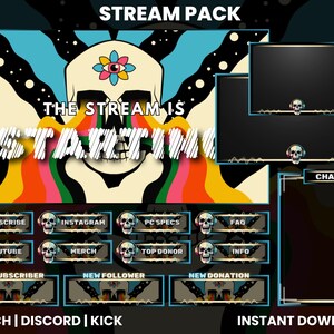 May include: A psychedelic-themed Twitch stream pack with a skull graphic and the text "THE STREAM IS STARTING". The pack includes a chat box, a banner, and several panels for different purposes, such as subscribing, following, and donating.