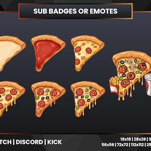 以下が含まれることがあります： Twitch、Discord、Kick用のピザスライスの絵文字のコレクション。絵文字には、チーズ、ソース、ペパロニ、オリーブ、マッシュルームが入ったスライス、フライドポテトと飲み物が入ったスライスが含まれています。「SUB BADGES OR EMOTES」というテキストが上部にあります。