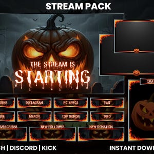 May include: A digital Halloween-themed stream pack with a spooky pumpkin design. The pack includes overlays, panels, and a starting screen with the text "The Stream Is Starting". Features include panels for subscribers, YouTube, and more.